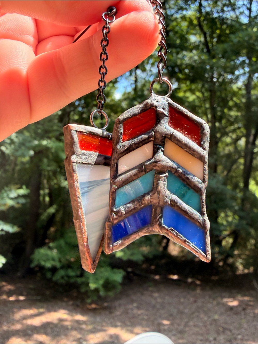 Stained Glass Chevron Colorful Earrings HandMade Stainless Hooks 5” Lightweight - Picture 3 of 6